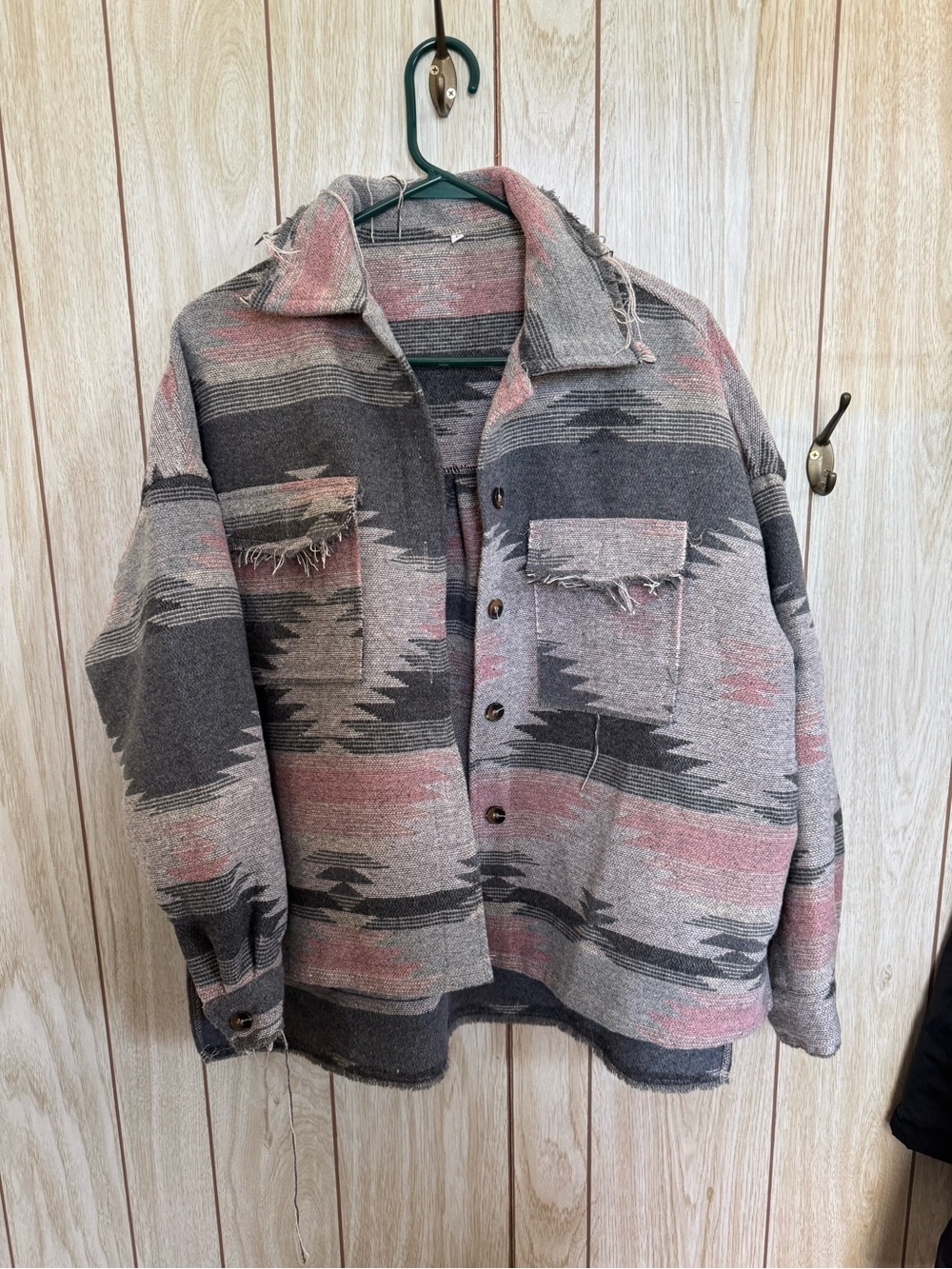 Women’s Distressed Aztec Shacket - Gray & Pink